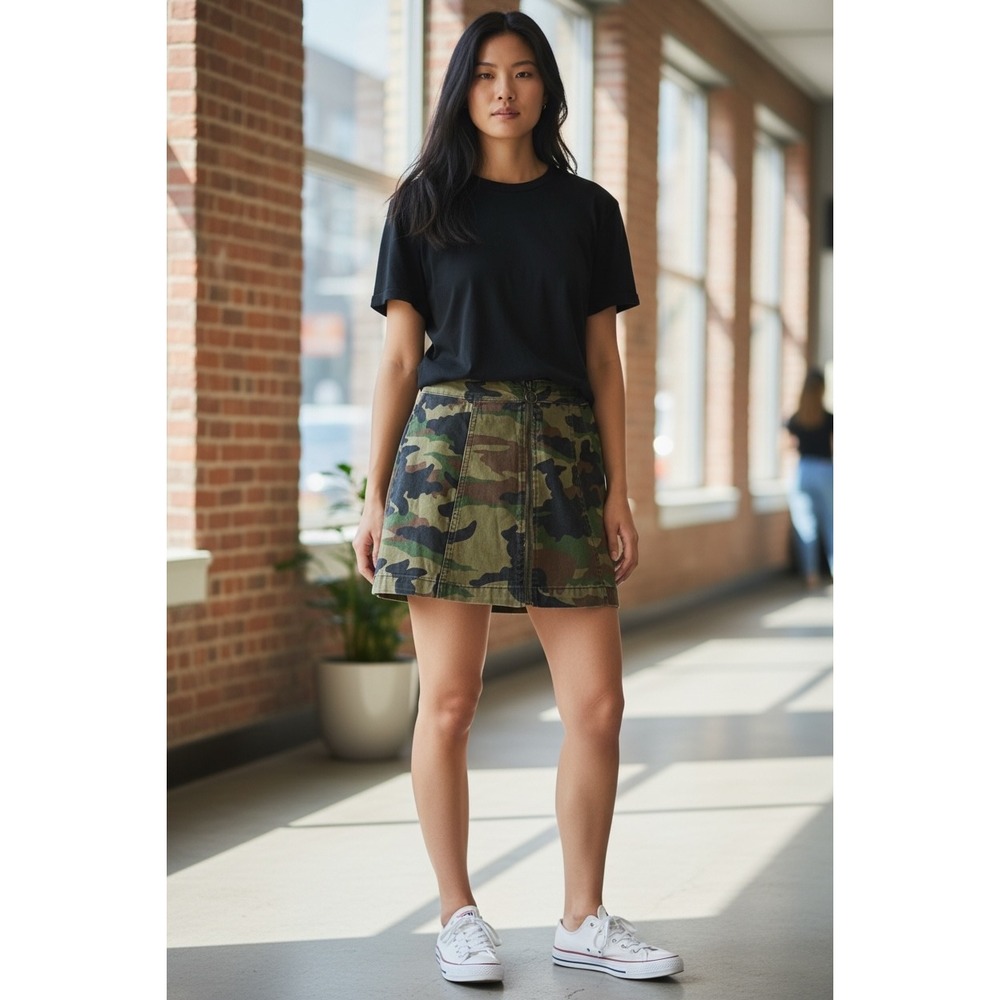 Forever 21 Womens Camo Cargo Mini Skirt Zip Front‎ Utility Green Brown Festival